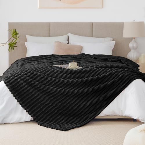 EXQ Home Fleece Blanket Queen Size for Couch or Bed - 3D Stripe Jacquard Decorative Blankets - Cozy Soft Lightweight Fuzzy Flannel Blanket Suitable for All Seasons(90"×90",Black) - color: Black, size: Queen