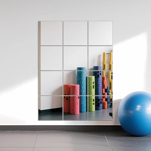 Ruomeng Home Gym Mirrors 12 Inch x 12Pcs Wall Mounted Mirror Glass Frameless Full Length Mirror Tiles for Home Gym, Bedroom, Door & Bathroom - size: 12"x12"-12pcs