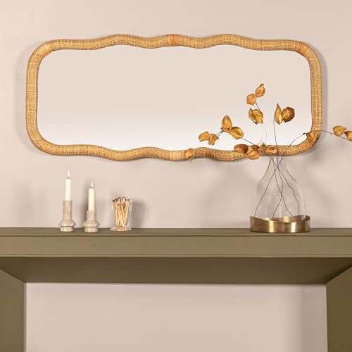Creative Co-Op Large Wood and Rattan Wavy Mirror, Natural