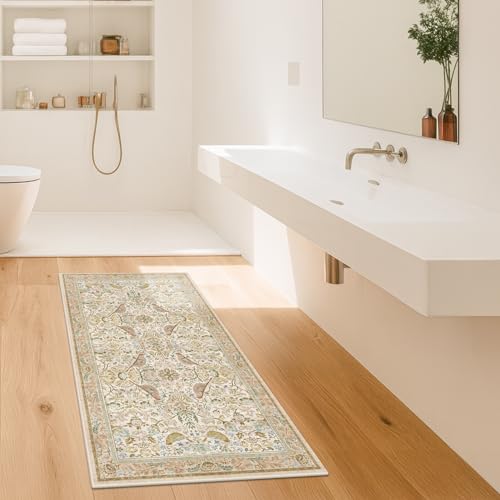 Beige 2x4 Washable Rug for Bathroom, Entryway Non Slip - Soft Low Pile Boho Small Throw Rugs for Kitchen, Powder Room - Unique Boho Bird Botanical Decorative Door Mats Stain Resistant - color: Beige, size: 2' x 4' (Rectangular)