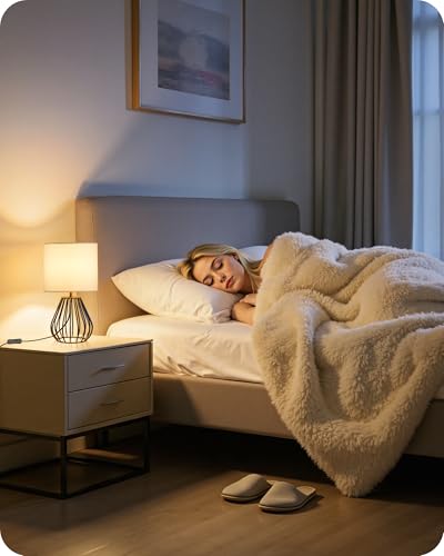 Small Table Lamp for Bedroom, Modern Bedside Lamp with White Linen Lampshade & Black Metal Base, 2700K LED Bulb Included, Decorative Nightstand Lamp for Living Room, Entryway, W06TL05 - color: White + Black