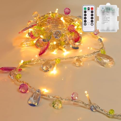 Battery Operated Fairy String Lights, Acrylic Gems Jewels String Lights with Remote 8 Modes Timer Function,30 Warm White LED Battery Powered Fairy Lights for Bedroom Party Decor