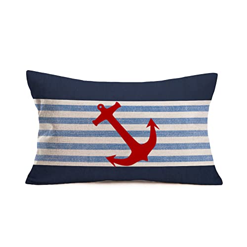 Nautical Anchor Throw Pillow Covers 12x20 Inch Navy Blue Stripes with Red Ocean Sea Sailing Coastal Beach Outdoor Decor Waist Cases Cotton Linen Pillowslip, - color: Navy Stripes Red Anchor