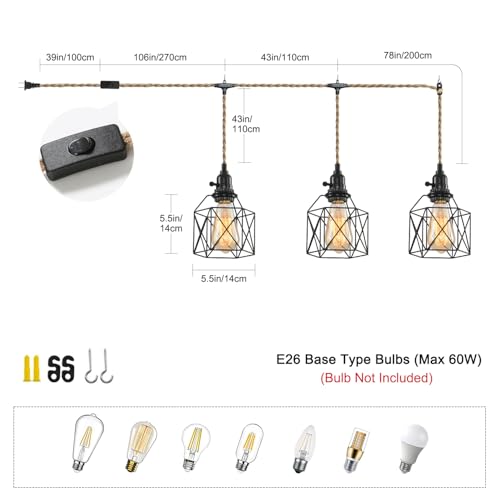 3-Light Hanging Light with Plug in Cord,Plug in Pendant Light Hemp Rope Pendant Lighting Vintage 3-Light Hanging Lamp Fixtures for Kitchen Island Living Room Bedroom - color: 3 Light Pendant Lights+Black Cage