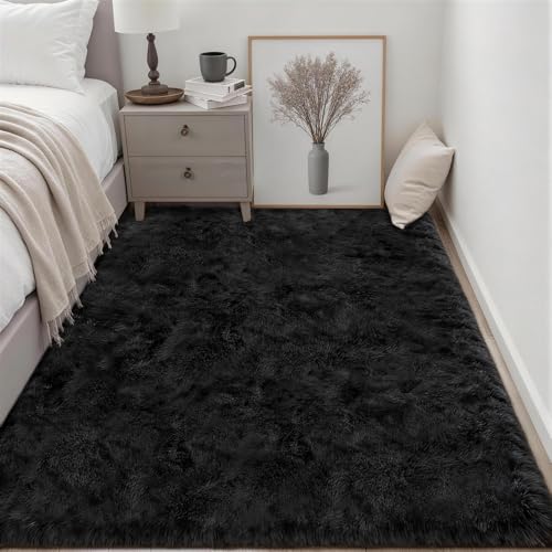 Fluffy 4x6 Area Rugs for Living Room Bedroom: Ultra Soft Shag Rug Non-Slip Non-Shedding Small Plush Bedside Rug Indoor Floor Carpets for Kids Room Playroom Entryway Nursery Dorms Home Decor Black - color: Black, size: 4' x 6' (Rectangular)