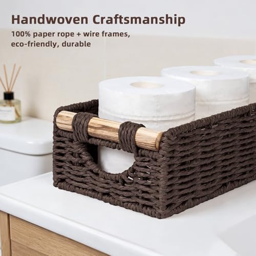 CubesLand Back of Toilet Storage Basket for Organizing w/Cut Out Handle, Handwoven Toilet Tank Top Paper Baskets, Small Wicker Decorative Basket for Countertop, Home, Living Room, Nursery, Brown - color: Brown, size: S-12.99" (L) X 6.29" (W) X 3.15" (H)