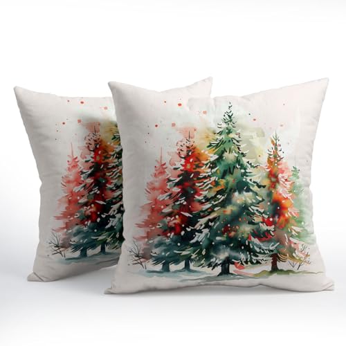 Christmas Theme Pillow Covers 16x16 Inches Colorful Pine Tree Throw Pillow Case Set of 2 Christmas Decorative Pillow Cover Cotton Linen Cushion Cover for Home Couch Sofa Livingroom - color: Colorful Pine Tree, size: 16" x 16" (Pack of 2)