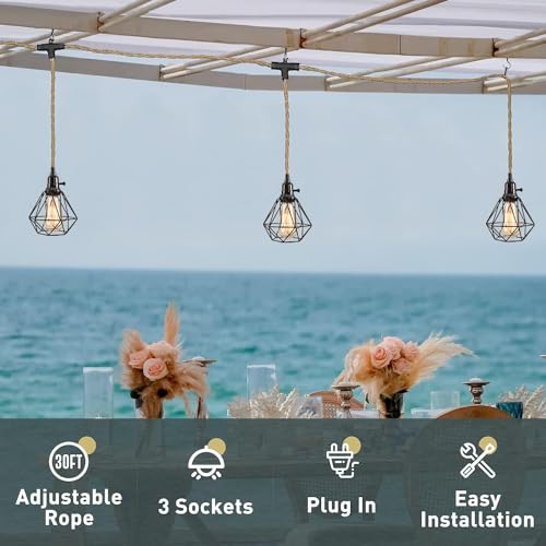 3-Light Hanging Light with Plug in Cord,Plug in Pendant Light 22ft Hemp Rope Pendant Lighting Vintage 3-Light Hanging Lamp Fixtures for Kitchen Island Living Room Bedroom - color: 3 Light Black Cage