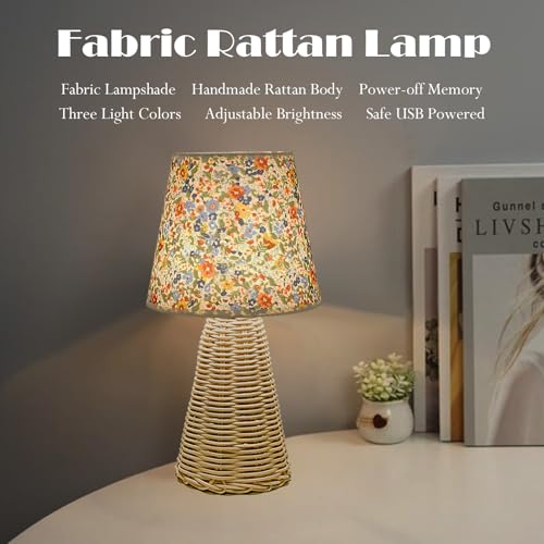 Vintage Small Wicker Lamp, Rattan Body Fabric Lampshade, Adjustable Light Color and Brightness, Power-Off Memory, Safe USB Powered, Boho Style Night Light for Bedroom Living Room (Cone-Floral) - color: Cone-Floral