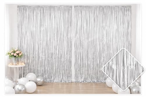 2 Pack Silver Metallic Foil Fringe Curtain Backdrop Streamers 3.2ft x 6.4ft. Party Decoration for Birthday, Wedding, New Years Eve, Graduation, Baby Shower - color: Silver
