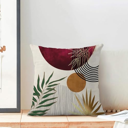Boho Pillow Covers 16x16 Set of 2 Mid Century Burgundy Red Green Gold Sunset Throw Pillow Covers Outdoor Decor Abstract Bohemian Tropical Leaf Pillowcase Decorative Cushion Case for Home Sofa - color: Mid-century-burgundy Red, size: 16" x 16" (Pack of 2)