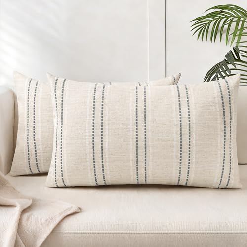AELS 12x20 Decorative Farmhouse Linen Blend Throw Pillow Covers, Boho Textured Pillow Case, Set of 2, Beige with White & Gray Stripes Cushion Cover for Sofa Living Room (Cover ONLY) - color: Beige With White & Gray, size: 20" x 12" (Pack of 2)