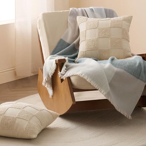 Double Stitch Checkered Throw Pillow Covers - 100% Cotton Tufted Boho Decorative Pillow Covers 20x20, Made in India, Square Plaid Cushion Case, Modern Home Decor for Couch, Sofa, Living Room, Oat - color: Oat, size: 20" x 20" (Pack of 1)