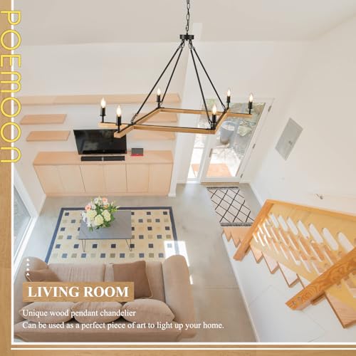 L45'' Natural Farmhouse Square Wood Chandeliers Rustic 6-Light Unique Rectangular Candle Chandelier Long Ceiling Pendant Light for High Ceiling Living Dining Room Foyer Kitchen Island,E12 - color: Natural, size: 45 inches