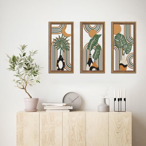 KAIRNE Boho Wooden Wall Art,Bohemian Wood Wall Decor Set of 3(16”X8”),Farmhouse Geometric Hanging Decor,Abstract Minimalist Sun Moon Artwork for Living Room Bedroom Nursery Office Decoration,Framed - color: Farmhouse Geometric, size: 8"L x 16"W