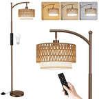 Ambimall Arc Floor Lamp for Living Room with Remote, Color Temperature & Brightness Adjustable, Boho Standing Lamp with Rattan & Fabric Double Drum Shades, Bulb Included(Brown) - color: Brown Rustic