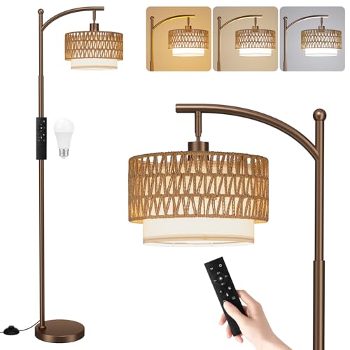 Ambimall Arc Floor Lamp for Living Room with Remote, Color Temperature & Brightness Adjustable, Boho Standing Lamp with Rattan & Fabric Double Drum Shades, Bulb Included(Brown) - color: Brown Rustic