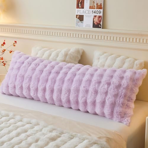 LIFEREVO Fluffy Faux Rabbit Fur Body Pillow Cover, Cozy Light Purple Bubble Shaggy Plush Bed Body Pillowcase with Zipper, Long 20"x54" Fuzzy Furry Pillow Case for Bedroom Home Decoration, Lavender - color: Lavender