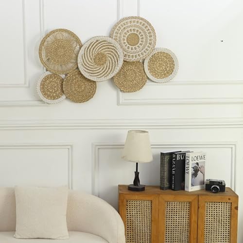 Wicker Wall Decor Set – Boho Basket Wall Art, Natural Woven Wall Art for Living Room Bedroom, Seagrass Decorative Plates For Wall Hanging, Flat and Lightweight - size: Medium