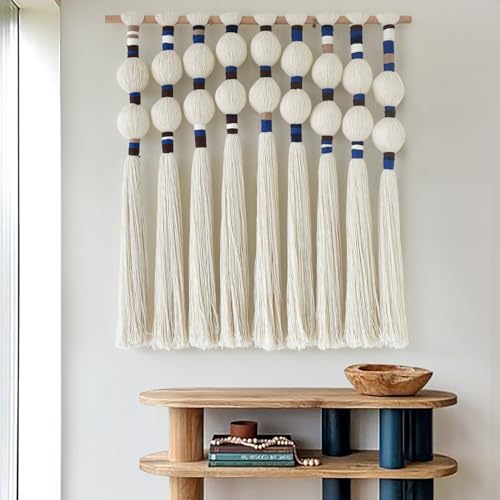 IOWER Macrame Wall Hanging Spherical Best Boho Wall Decor Fiber Handmade Cotton Rope Woven Decor with Tassels Aesthetic Handmade Woven Wall Art for Bedroom Living Room 27" W x 29.5" L - color: White and Blue