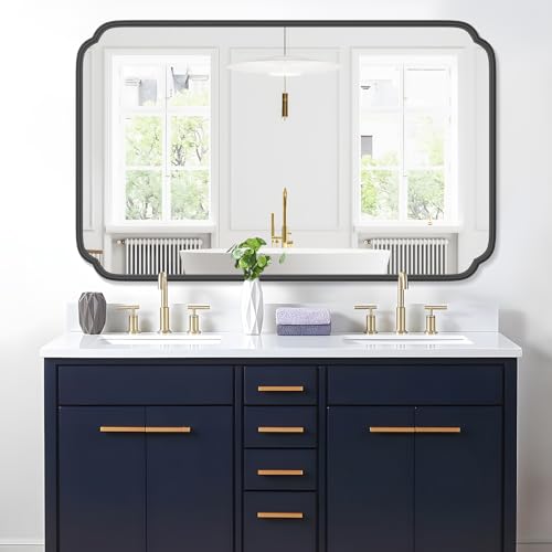 Ferytange White 30"x48" Bathroom Mirror for Wall, Large Bathroom Vanity Mirror, Rounded Rectangle Mirror in Wooden Frame Hangs Horizontal Or Vertical - color: Black, size: 48"L x 30"W