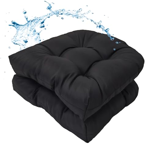 MTMR Water-Repellent Outdoor Patio Chair Cushions Set of 2, 19'X19' Thick Seat Cushions with High Elasticity PP Cotton, Tufted Design for Outdoor Furniture - color: Black