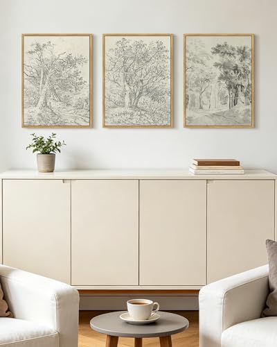 KUVIOKE Vintage Tree Framed Wall Art Retro Antique Forest Drawings Nature Wilderness Sketch Wall Painting Modern Landscape Decor 12x16in (Natural Framed) - color: Vintage Trees, size: 12 x 16in x 3 Panels Natural