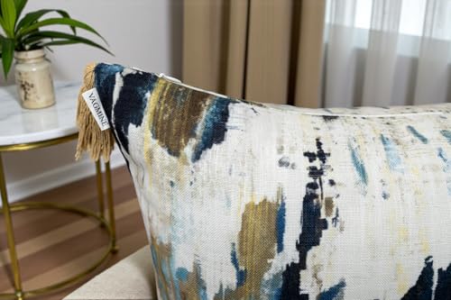 VAGMINE Abstract Watercolor 20x20 Inch Throw Pillow Cover with Tassel Corners - Blue Mustard Brushstroke Print on Textured Polyester - Cushion Case for Couch Sofa - Panna - color: Panna, size: 20" x 20" (Pack of 1)