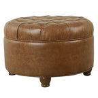 HomePop 25" Button Tufted Round Storage Ottoman - Brown Faux Leather - color: Light Brown