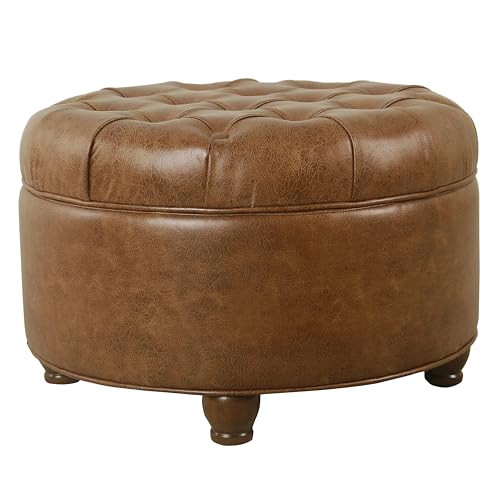 HomePop 25" Button Tufted Round Storage Ottoman - Brown Faux Leather - color: Light Brown