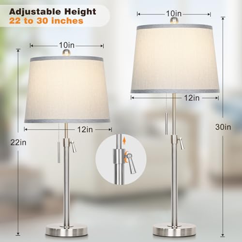 JUNNAI Table Lamps Set of 2, Bedside Lamp Silver Tall Table Lamps for Living Room End Tables, 22" to 30" Adjustable Height Lamp for Bedroom Nightstand Farmhouse with Pull Chain(Bulbs Included) - color: Silver+Gray Shade Set of 2