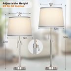 JUNNAI Table Lamps Set of 2, Bedside Lamp Silver Tall Table Lamps for Living Room End Tables, 22" to 30" Adjustable Height Lamp for Bedroom Nightstand Farmhouse with Pull Chain(Bulbs Included) - color: Silver+Gray Shade Set of 2
