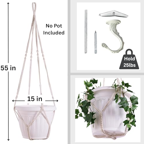 Giant XXL 55 Inches Macrame Planter Hanger Large for 15 inch Pot + Swag Hook | Extra Large Hanging Planter for Indoor Plants | No Pot/Plant Included (XXL) - color: Beige