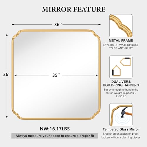 Ferytange Gold Bathroom Mirror for Wall 36" x 36" Square Bathroom Vanity Mirror Farmhouse, Large Rounded Rectangle Mirror, Anti-Rust, Tempered Glass, Hangs Horizontally or Vertically - color: Gold, size: 36"L x 36"W