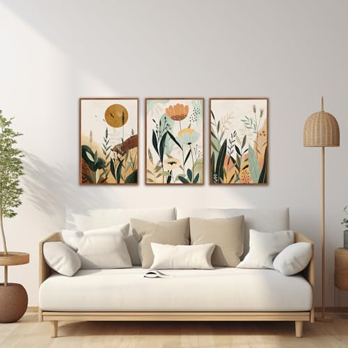 KAIRNE Neutral Floral Wall Art Set of 3,Framed Abstract Prints,Vintage Colorful Flower Canvas,Boho Botanical Artwork,Minimalist Farmhouse Decor for Living Room Bedroom Kitchen Office,16X24 inch - color: Neutral Floral(medium), size: 16"Lx24"W