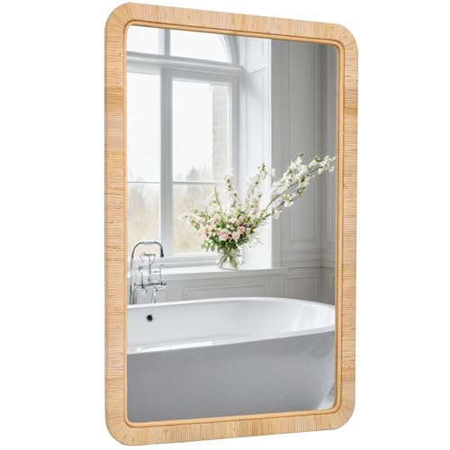 FUIN 24"x36" Rattan Wall Mirror, Natural Wicker Rectangle Bathroom Vanity Mirror, Hanging Boho Decorative Mirror for Farmhouse, Entryway, Bedroom, Living Room, Horizontal Vertical Mount - color: Rattan, size: 36"L x 24"W
