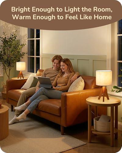 EDISHINE Tripod Table Lamp, Small Cute Bedside Lamp with Linen Beige Lampshade, Nightstand Lamp for Nursery, Bedroom, Kid Room, Living Room, Light Brown Wooden Base, E26 Socket, 14.2 Inch - style: Bohemian