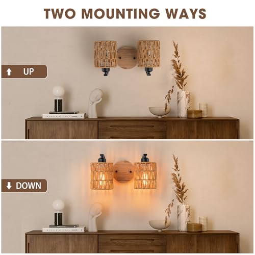 Bathroom Vanity Light Fixtures,2-Light Rattan Bathroom Lighting Fixtures Over Mirror,Farmhouse Wall Sconces Boho Woven Lampshade,Rustic Wall Mounted Wooden Base Wall Light for Bedroom Hallway Stairs - color: 2light-Cylinder shade