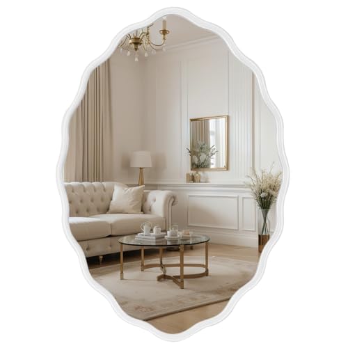 Oval Bathroom Mirror White Wall Mounted Large Decorative Wall Mirror for Living Room, Bedroom, or Entryway – Vintage Sunburst Design with Beveled Detailing – Wavy Frame Vanity Mirror - color: White