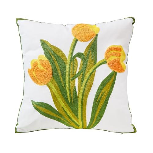 Embroidery Throw Pillow Cover 18x18 Home Decor Floor Pillow Cover for Couch Sofa Chair Gift 100% Cotton Floral Embroidered Cushion Cover Square Pillowcase 45x45cm Yellow Tulip, 1 Piece - color: Yellow Tulip