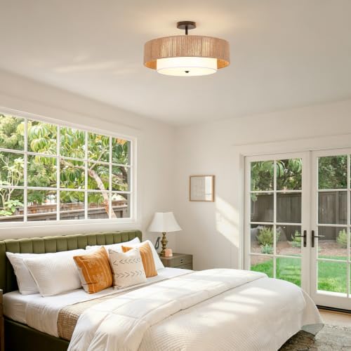Bohemian Wicker Flush Mount Ceiling Light, 19.7" Double Drum Jute Rope Farmhouse Hanging Pendant Light Fixture, Hand-Woven Semi-Flush Mount Design for Bedroom, Living Room, Dining Room & Entryway - color: 19.7'' Hemp rope&Fabric Gold