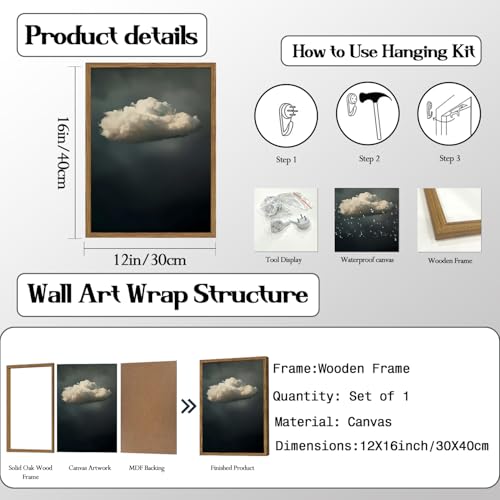 Dark Moody Cloud Wall Art Vintage Sky White Cloud Wall Decor Picture, Maximalist Canvas Print painting Cloudscape Abstract Artwork for Living Room Bedroom 12x16 inch Wood Framed - color: Cloud, size: 16"L x 12"W