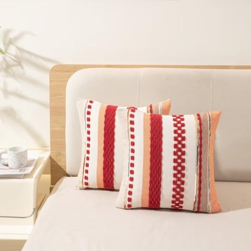 Boho Throw Pillow Covers 18x18 Set of 2 Christmas Decorative Cushion Case Striped Square Pillows Cover Chenille Pillow Cases Accent Neutral Pillowcase for Sofa Couch Bed,Red - color: Red Stripe