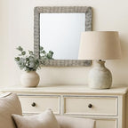 Benzara Wall Mounted Mirror, 20 Inch Square Wicker Woven Frame in Beige