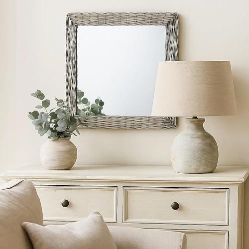 Benzara Wall Mounted Mirror, 20 Inch Square Wicker Woven Frame in Beige