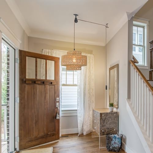 Rattan Plug in Pendant Light Boho Hanging Lights with Plug in Cord,Farmhouse Pulley Pendant Light with On Off Switch for Bedroom Living Room.