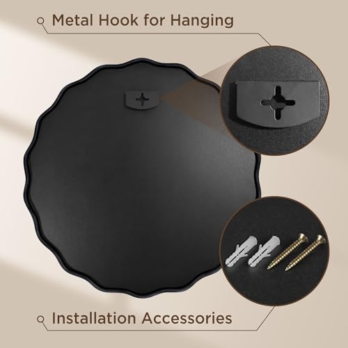 Gold Round Mirror for Wall, 24"x24" Decorative Wavy Bathroom Mirror with Brushed Alloy Steel Frame & Shatter-Proof Glass, Hanging Circle Wall Mirrors for Bathroom, Entryway (Black, Small) - color: Black, size: Small