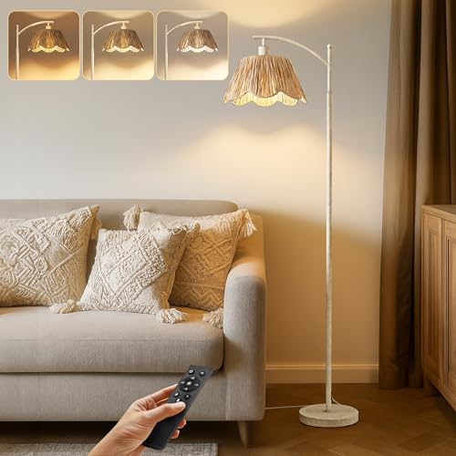 Oneach Rattan Floor Lamp for Living Room with 3 Color Temperatures, Boho Floor Lamp for Bedroom with Remote & Dimmable Bulb, Farmhouse Standing Lamp for Reading, Antique White - color: White