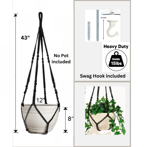 43 Inches Macrame Planter Hanger Large for 12 inch Pot + Swag Hook (Extra Long & Big) | Large Hanging Planter for Indoor Plants | No Tassel, Cotton Rope, NO Pot/Plant Included (Black)(XL) - color: Black