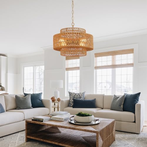 17.8" Boho Rattan Chandelier Light Fixture, 4-Light Golden Hand Woven Pendant Light Fixture Farmhouse Rustic Wicker Chandeliers for Kitchen, Bedroom, Dining Room, Living Room, Hallway, Foyer - color: Gold 17.8"